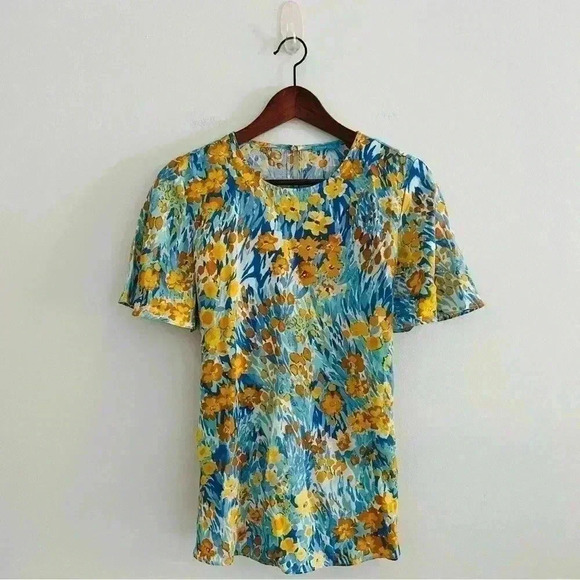 New J. McLaughlin Yellow Blue Floral Blouse Top Linen Blend - Picture 5 of 15